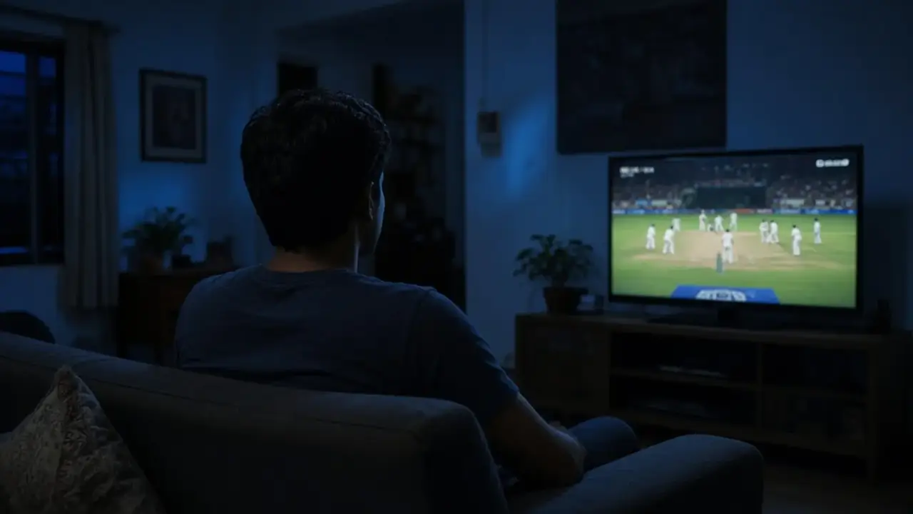 Person watching a cricket match on television