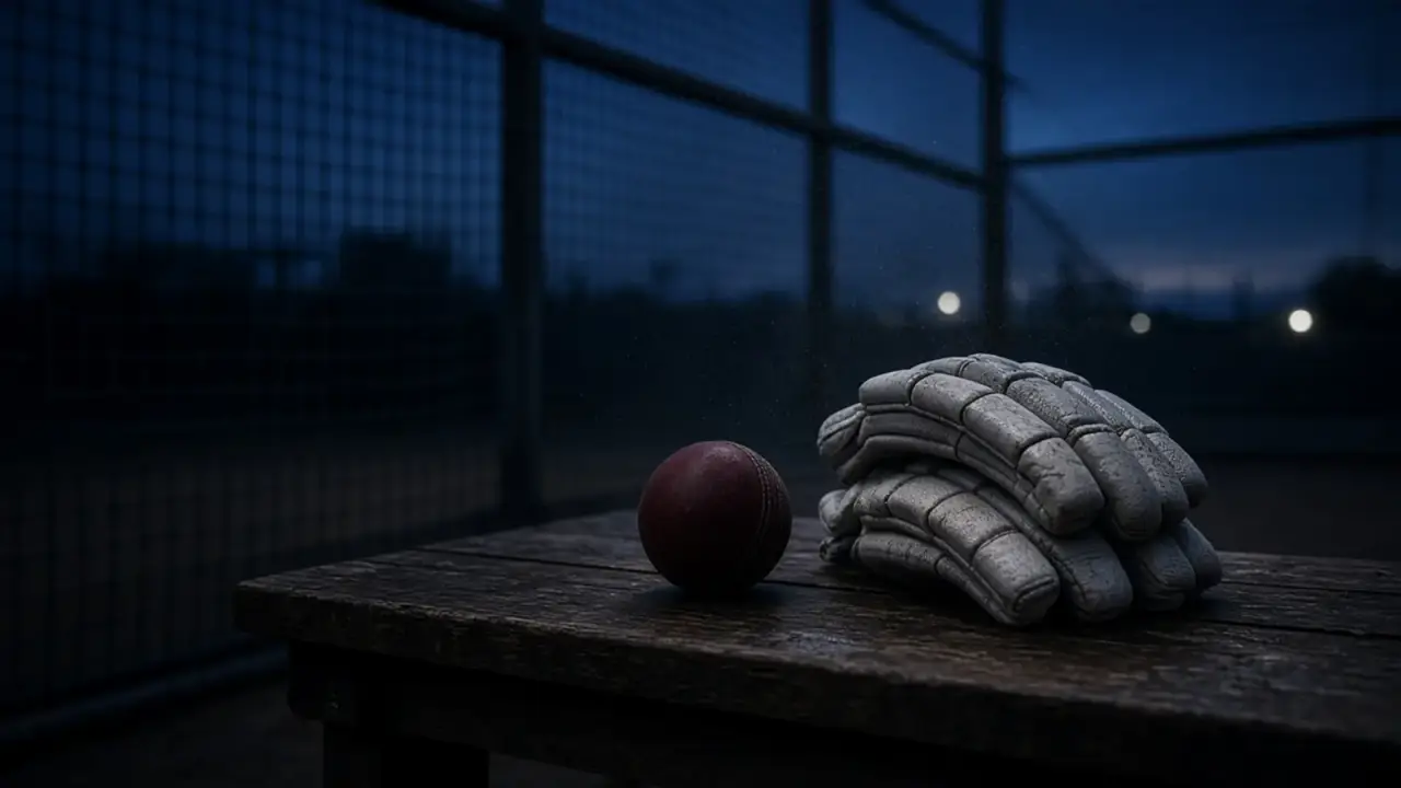 Cricket ball and gloves on a bench at dusk